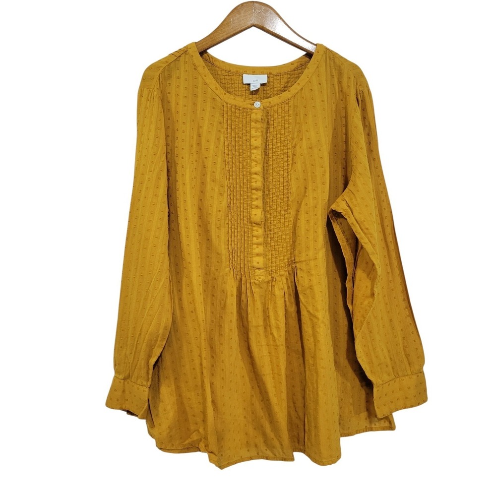J Jill Popover Peasant Top Womens 1X Mustard Yellow Swiss Dot Peplum Pleats